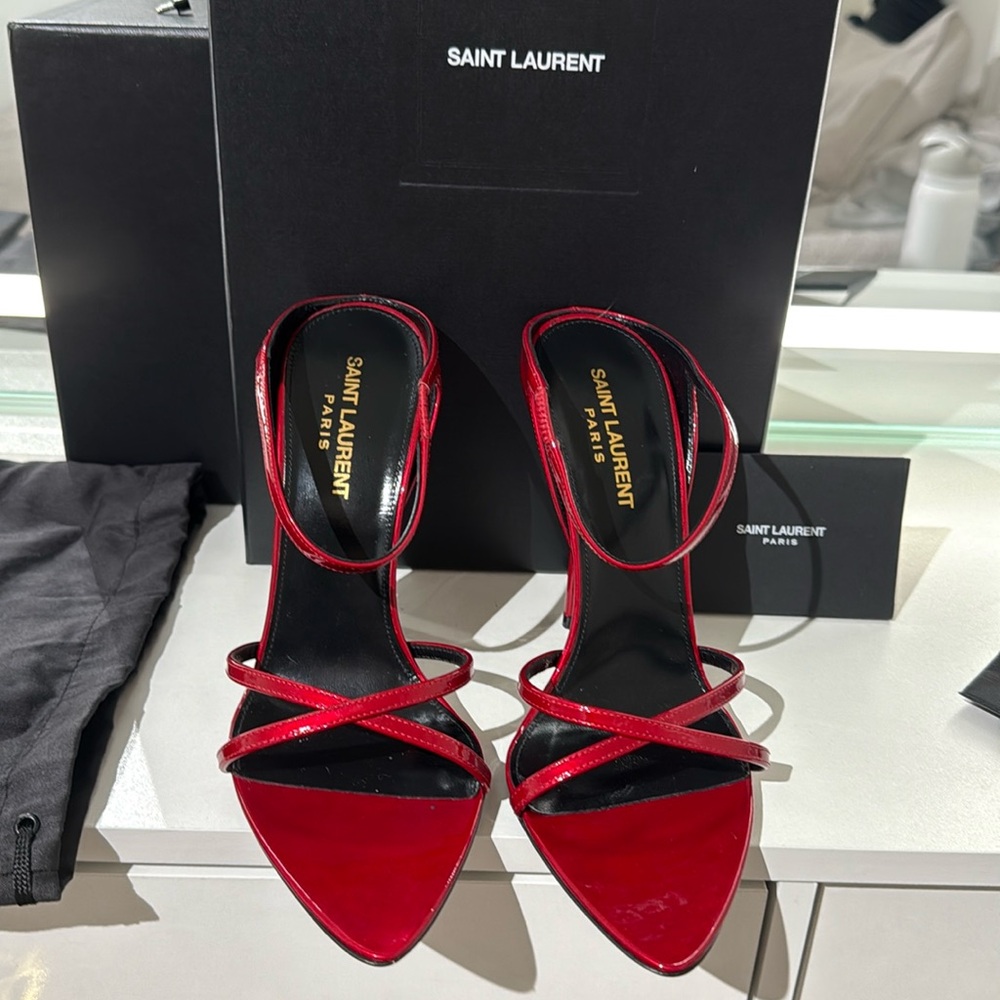 Saint Laurent Red Patent Leather Strappy Pointed Toe Heels